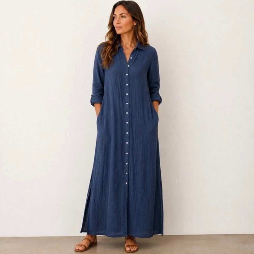 Natural Life Cotton Gauze Maxi Shirt Dress Womens XS Navy Blue Long Sleeve